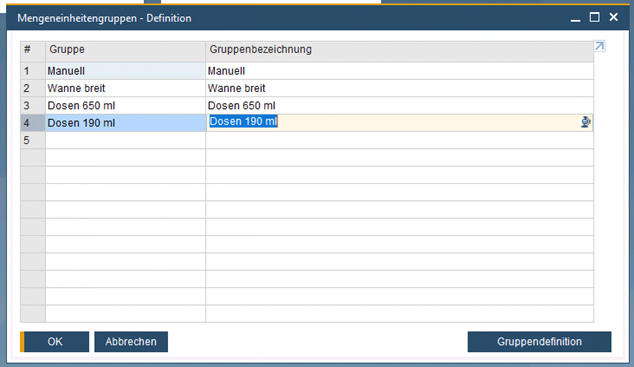 Definition von Mengeneinheitengruppen in SAP Business One